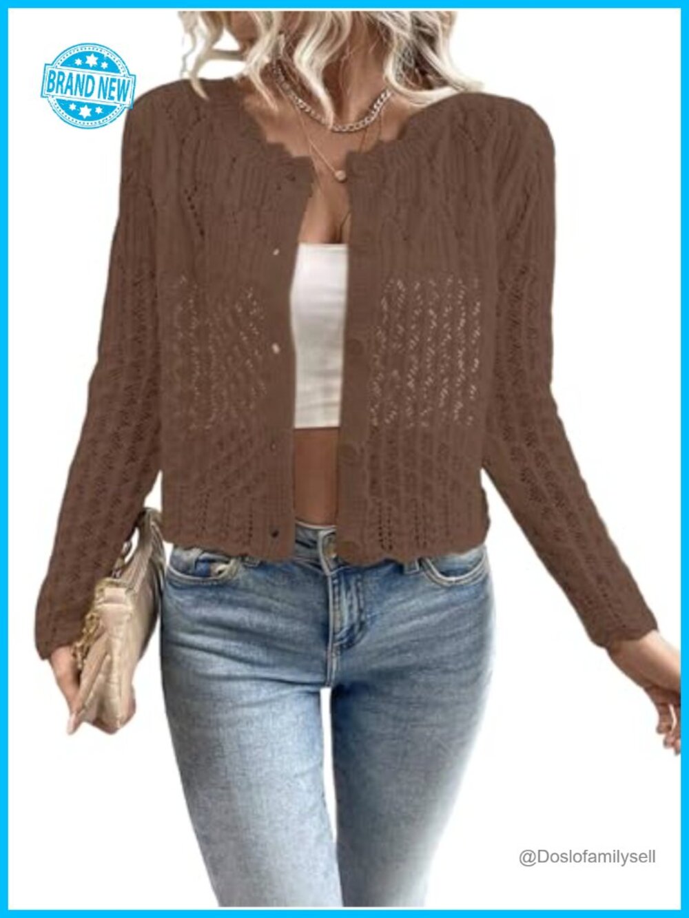 Womens Hollow Out Knit Cardigan Scalloped Crewneck Cropped Sweater Button Front